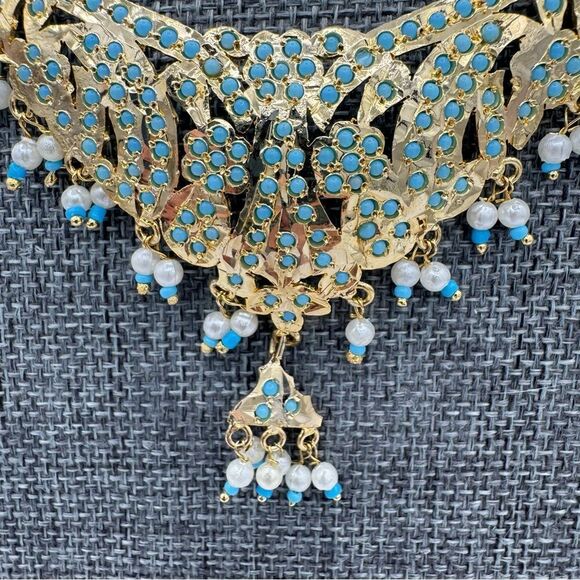 Gold Plated Blue Stone Beaded Rajasthani Kundan Bridal Necklace - Picture 6 of 13